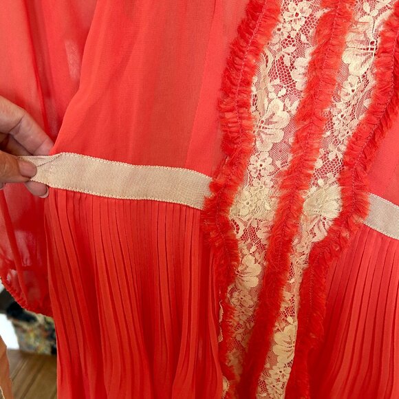 Free People Red Orange Sheer Chiffon Dress Lace Trim Ribbon Belt Womens Size 0 - Picture 7 of 16